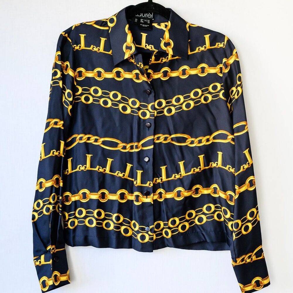 Laurel Escada Silk Blue button down shirt 34 chain link luxury Preppy
